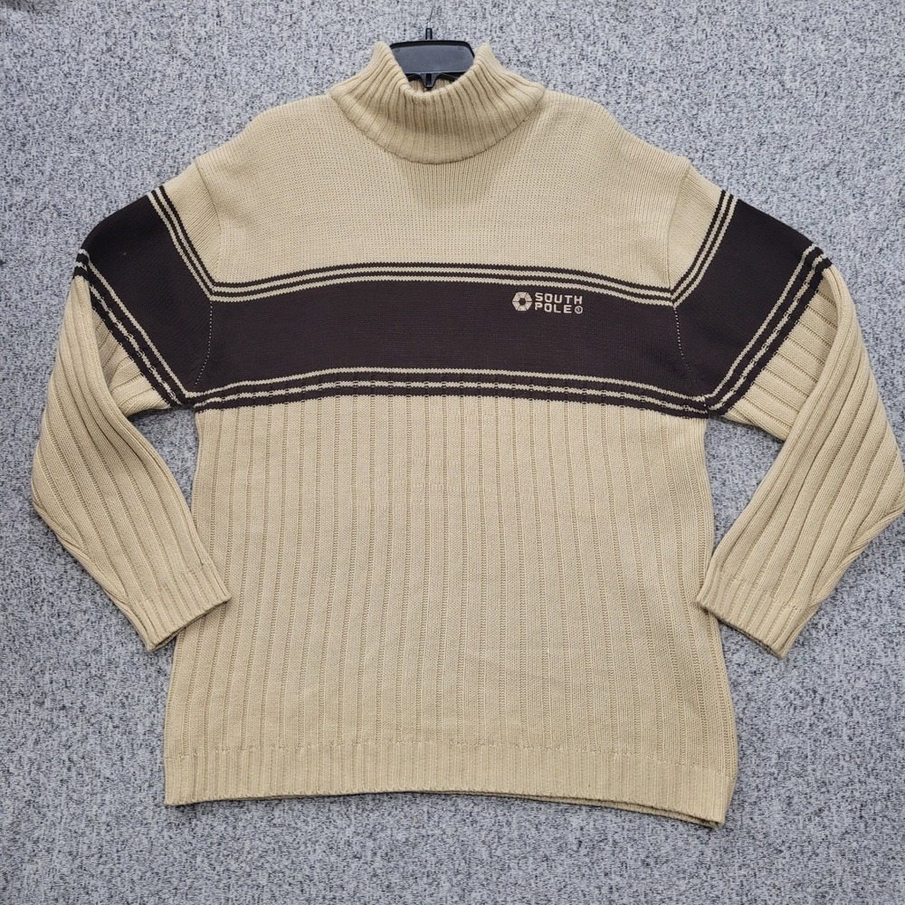 Vintage Y2K Southpole Sweater Mens XL Brown Cream Turtleneck Ribbed Hip Hop 90s